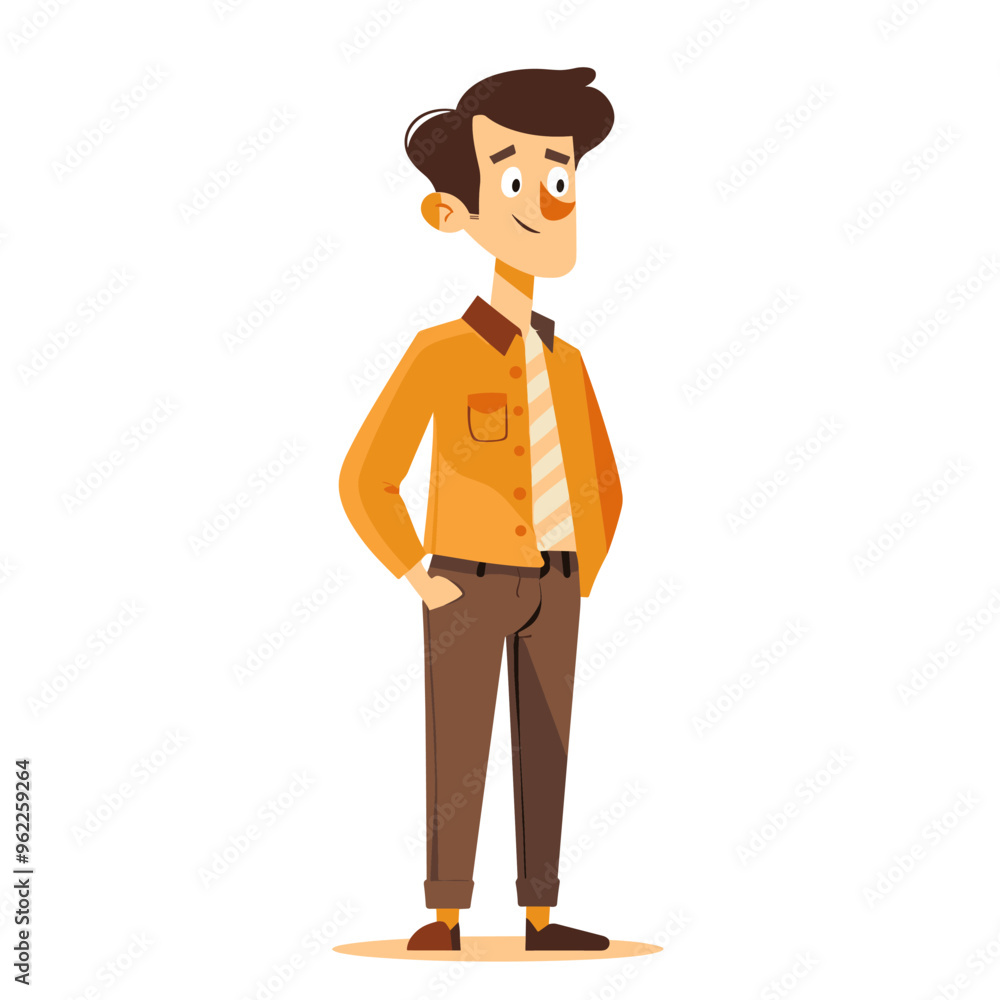 A man in a yellow shirt and brown pants is smiling. He is wearing a tie and has his hands in his pockets