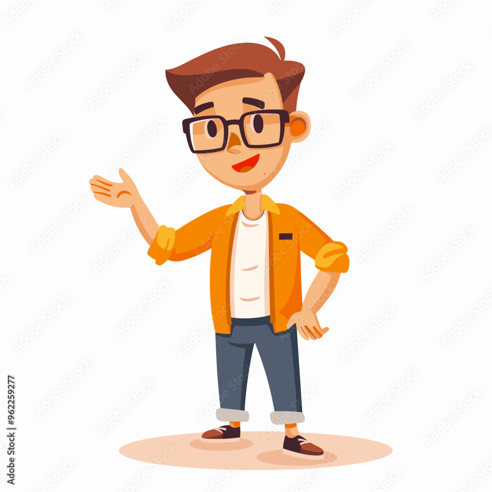 A young man in glasses stands with his arms outstretched, giving a presentation. He is wearing an orange shirt and blue jeans A young man in glasses stands with his arms outstretched, giving a presentation. He is wearing an orange shirt and blue jeans