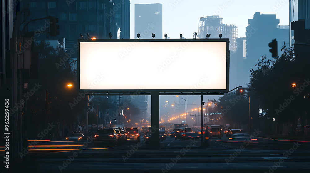 Blank billboard in urban city setting, ready for your message, against a sunrise sky, Mockup Template. Blank billboard in urban city setting, ready for your message, against a sunrise sky, Mockup Template.