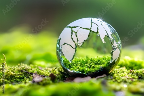 A miniature globe, cracked in the center, with moss growing on it. photo