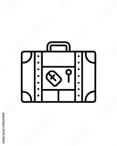 Black and white line drawing of a vintage suitcase with a secret compartment, featuring a keyhole and a cross.