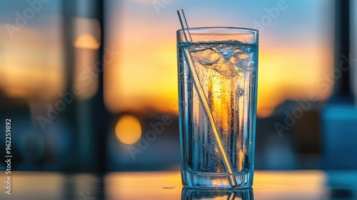 Close-up of a tall glass of water with a straw and a reflection on the surface