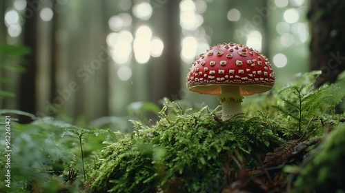  Mushroom close-up on mossy ground amidst forest trees