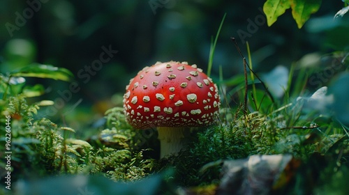  A detailed image of a crimson mushroom surrounded by lush green grass, tall trees in the background, and dense bushes in the foreground