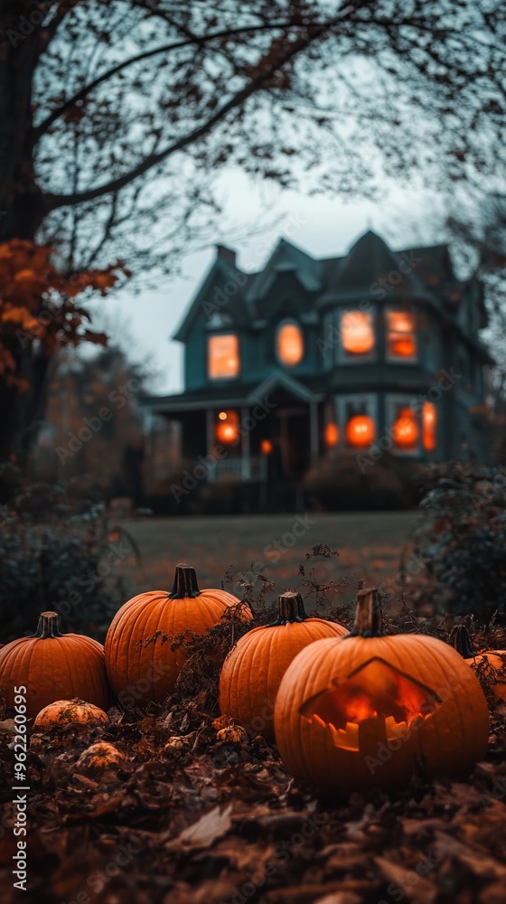 A picture of pumpkins with a house in the background A picture of pumpkins with a house in the background
