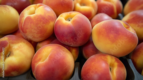 Prunus persica Nectarine a market setting a display of Nectarines ready for sale showcasing their smooth skin and sweet flavor photo