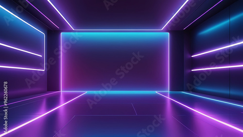 Gradient background blue and purple colors of the studio The wallpaper features bright, modern neon lines shining from the stage floor. Glowing sci-fi abstract room concept. futuristic minimal wall.