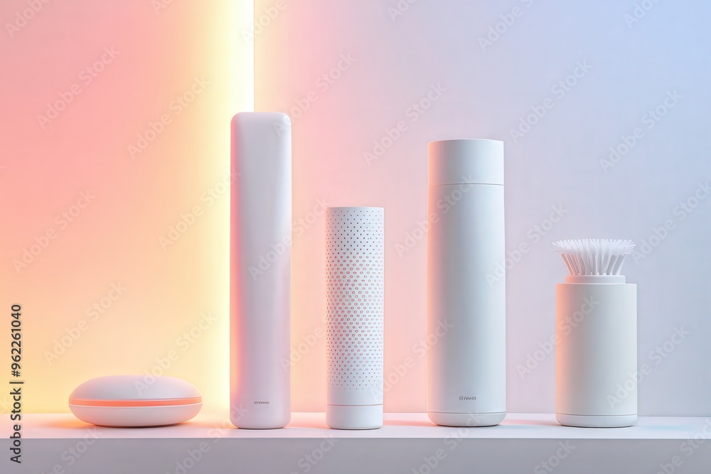 A row of white objects, including a toothbrush, a toothpaste tube, generative ai image A row of white objects, including a toothbrush, a toothpaste tube, generative ai image