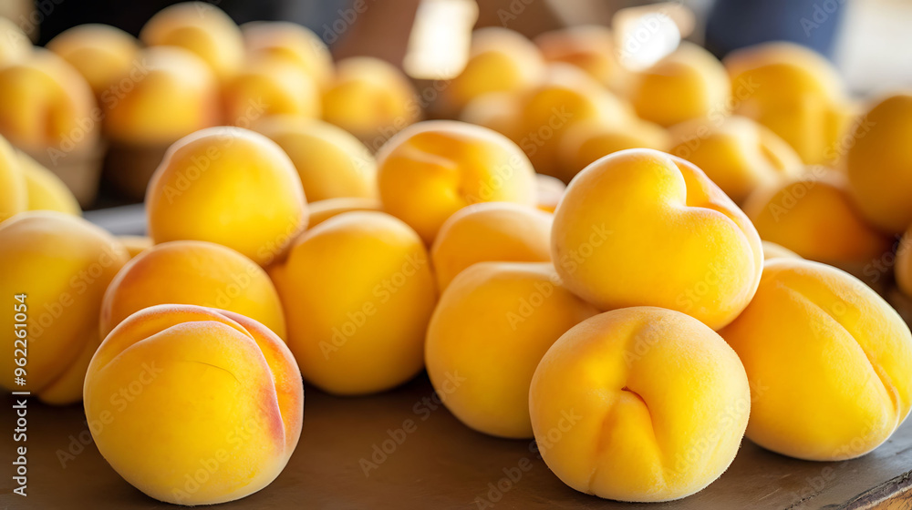 Prunus persica Yellow Peach a market setting a display of Yellow peaches ready for sale emphasizing their sweet flavor and vibrant color Prunus persica Yellow Peach a market setting a display of Yellow peaches ready for sale emphasizing their sweet flavor and vibrant color