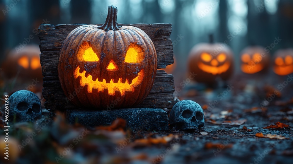 Halloween Party - Skeletons And Owl On Wooden Banner In Spooky Night At Moonlight Halloween Party - Skeletons And Owl On Wooden Banner In Spooky Night At Moonlight