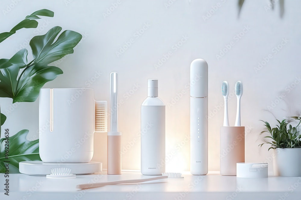A row of white objects, including a toothbrush, a toothpaste tube, generative ai image A row of white objects, including a toothbrush, a toothpaste tube, generative ai image