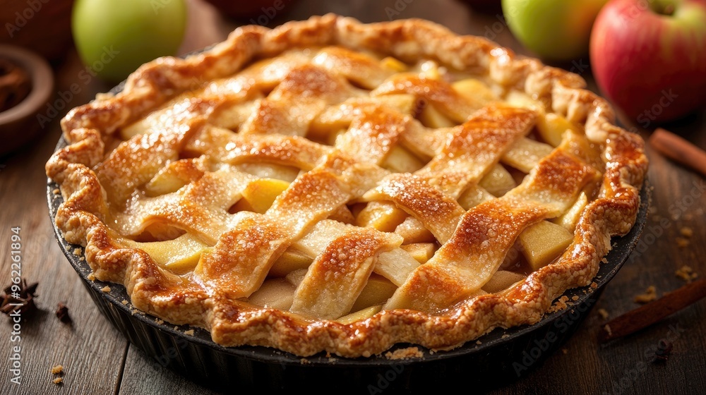 Close-up shot of a classic American apple pie with a flaky crust and apple filling Close-up shot of a classic American apple pie with a flaky crust and apple filling