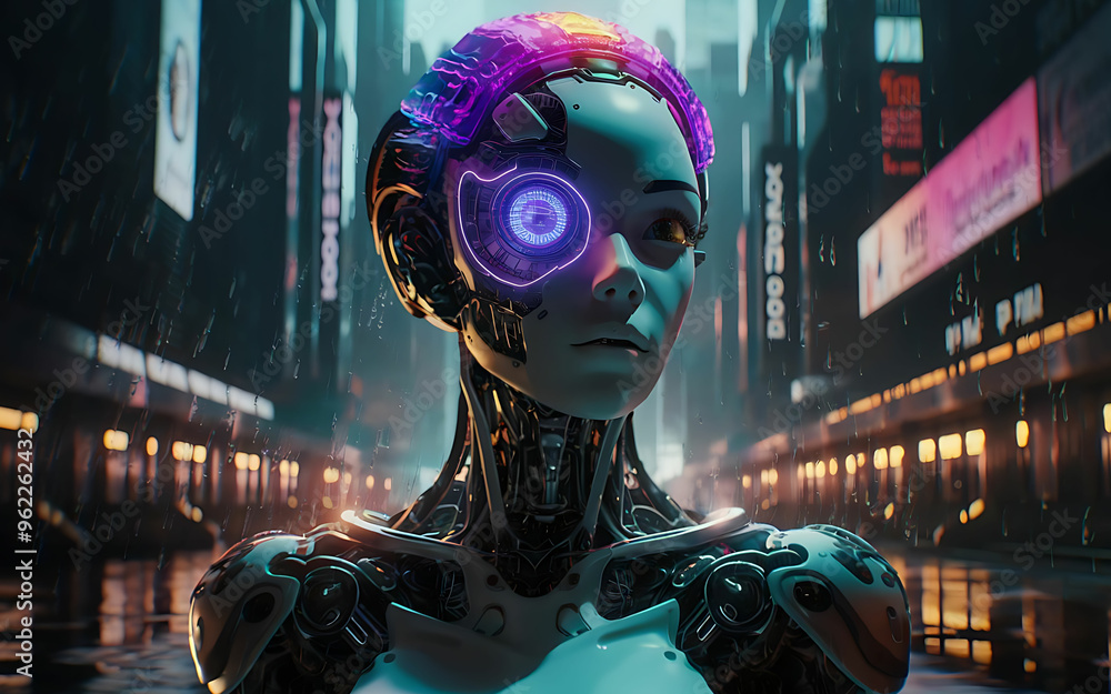 Cyberpunk Android Portrait Fusion of Human and Machine with Neon Circuits, Glowing Cybernetic Eye, Futuristic Headpiece, and Sci-Fi Cityscape, Evoking High-Tech, Dark, and Introspective Vibes Cyberpunk Android Portrait Fusion of Human and Machine with Neon Circuits, Glowing Cybernetic Eye, Futuristic Headpiece, and Sci-Fi Cityscape, Evoking High-Tech, Dark, and Introspective Vibes