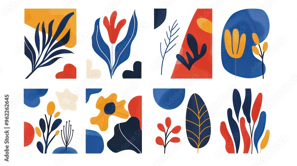 Abstract floral designs in a minimalist style, featuring geometric shapes and vibrant colors. Abstract floral designs in a minimalist style, featuring geometric shapes and vibrant colors.