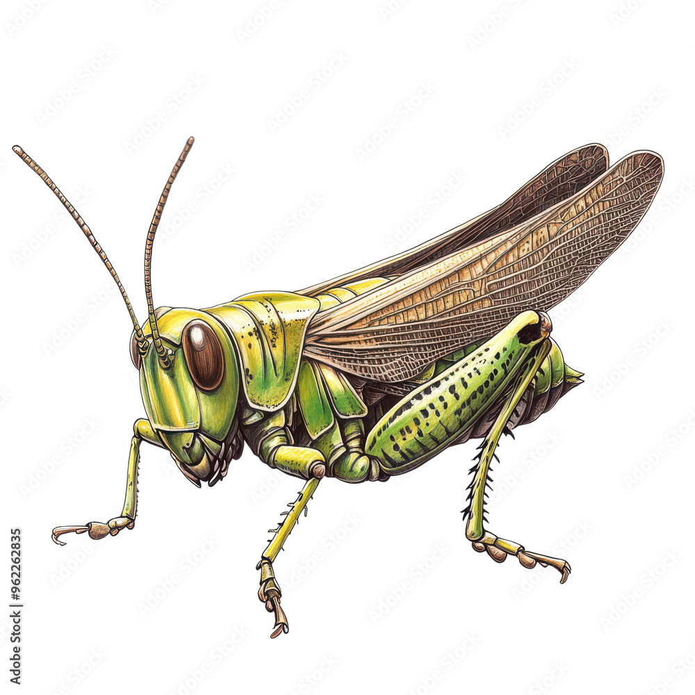 Detailed illustration of a grasshopper, showcasing its green body and intricate wing structure, perfect for educational purposes. Detailed illustration of a grasshopper, showcasing its green body and intricate wing structure, perfect for educational purposes.