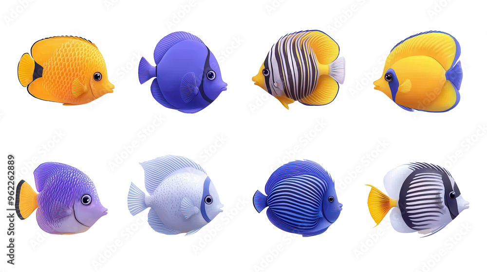 A colorful collection of diverse fish displayed in vibrant hues, perfect for marine-themed designs and aquatic concepts. A colorful collection of diverse fish displayed in vibrant hues, perfect for marine-themed designs and aquatic concepts.