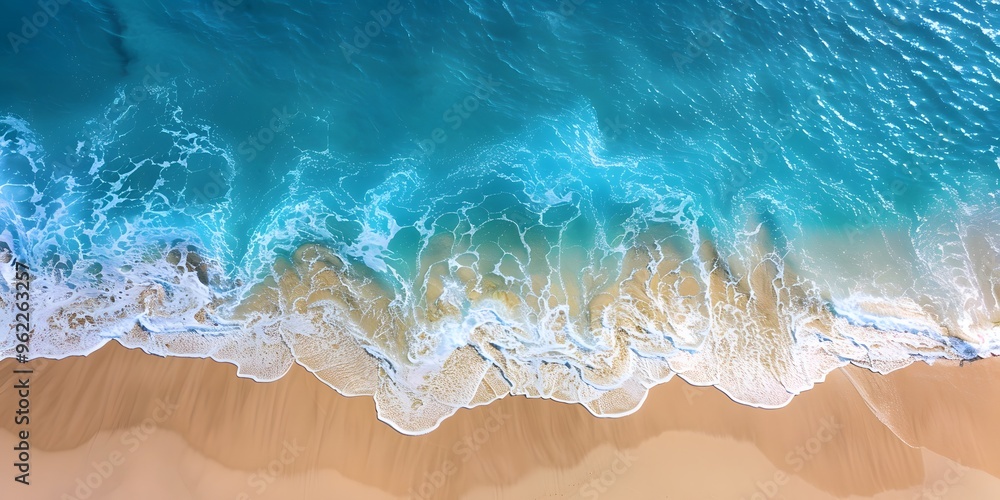 An overhead photo showcasing a tranquil beach with clear, blue water and soft, gentle waves meeting the sandy shore. An overhead photo showcasing a tranquil beach with clear, blue water and soft, gentle waves meeting the sandy shore.