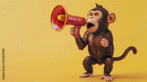 A cute chimpanzee with a megaphone on a yellow background, making a funny announcement. photo