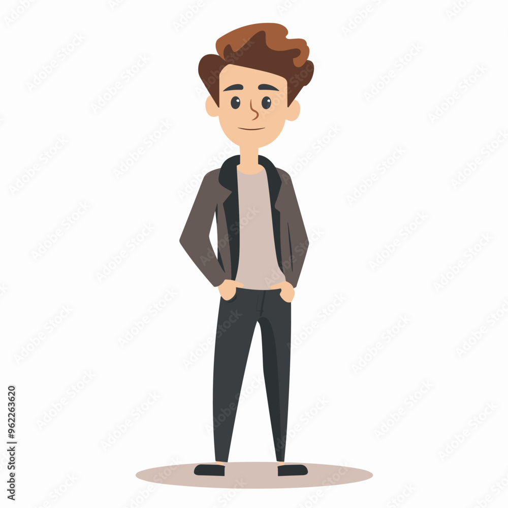 A young man is standing in front of a white background. He is wearing a black jacket and black pants A young man is standing in front of a white background. He is wearing a black jacket and black pants
