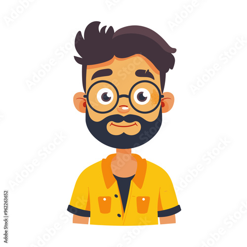 A cartoon man with glasses and a beard is wearing a yellow shirt. He has a serious expression on his face
