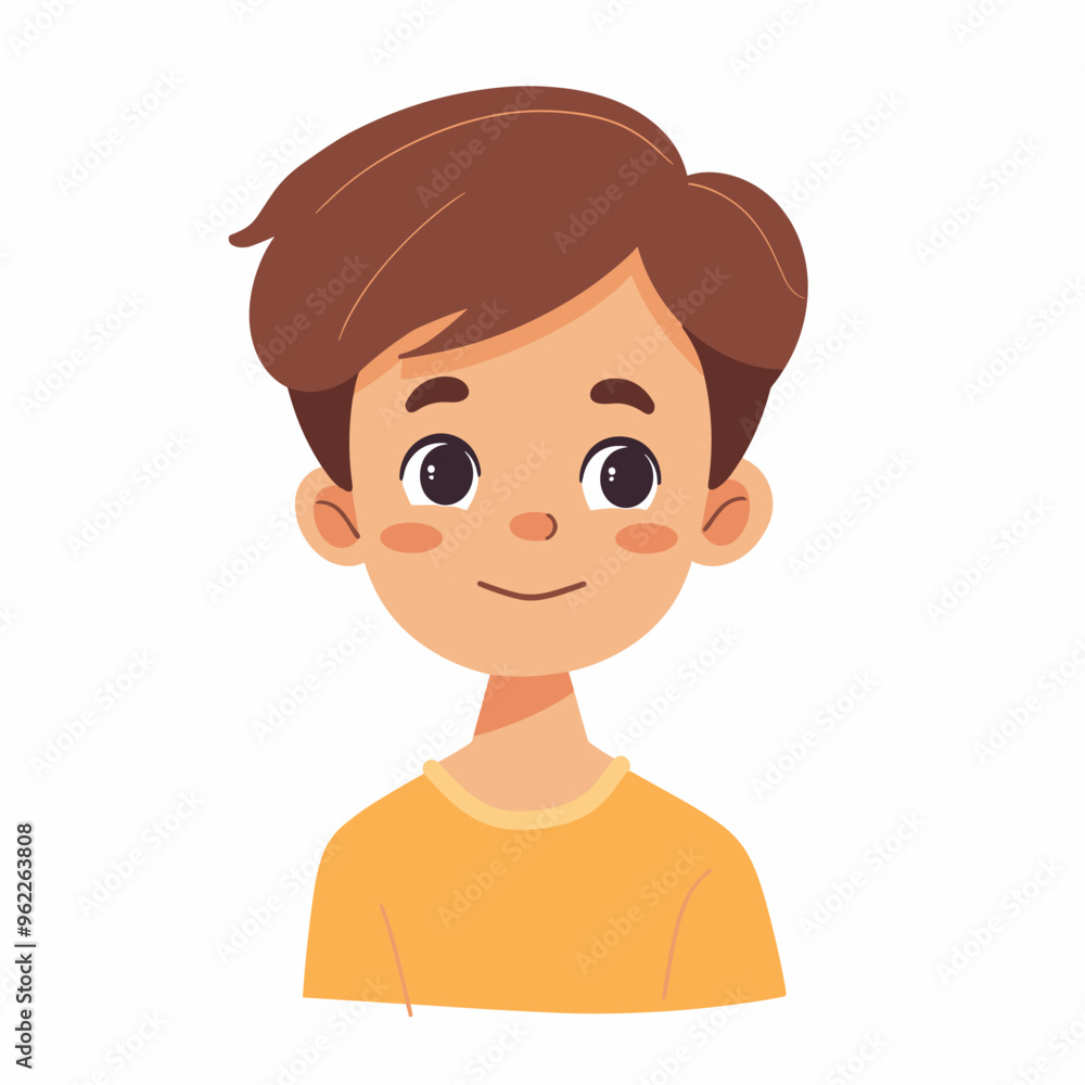 A cartoon boy with a yellow shirt and brown hair. He is smiling and looking at the camera A cartoon boy with a yellow shirt and brown hair. He is smiling and looking at the camera
