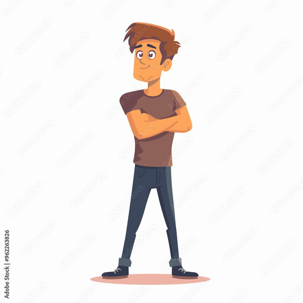 A cartoon man with a smile on his face is standing with his arms crossed. He is wearing a brown shirt and blue jeans A cartoon man with a smile on his face is standing with his arms crossed. He is wearing a brown shirt and blue jeans