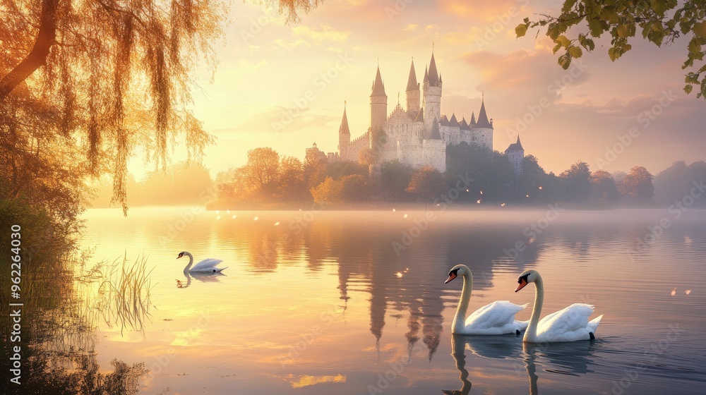 Fototapeta premium Golden palace with green domes at sunset.