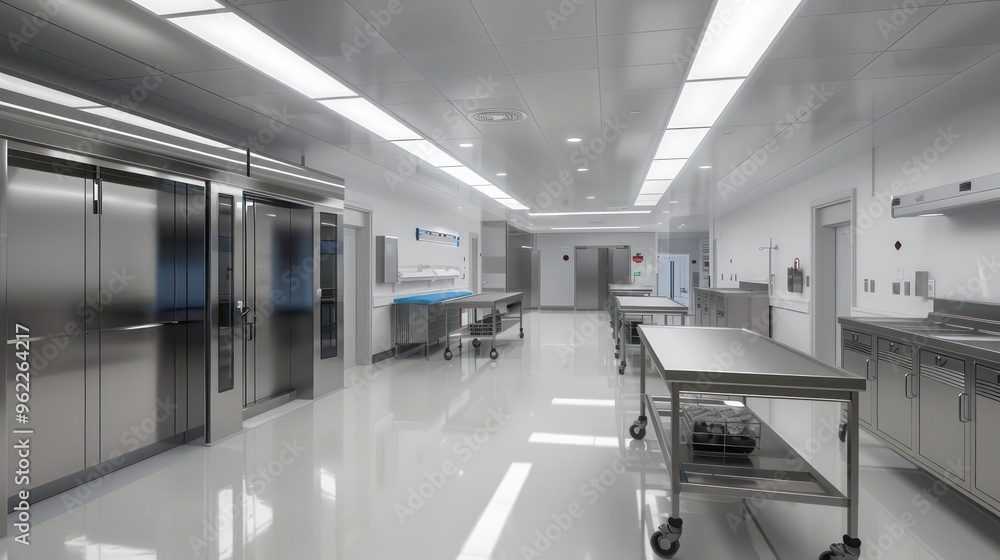 A wide shot of a stainless steel kitchen with white walls, a ceiling with recessed lighting, and a gleaming floor. A wide shot of a stainless steel kitchen with white walls, a ceiling with recessed lighting, and a gleaming floor.
