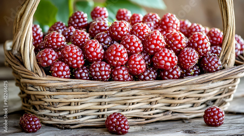 Rubus fruticosus Thimbleberry a basket filled with Thimbleberries known for their rich flavor and bright red color ideal for a rustic kitchen or market scene photo