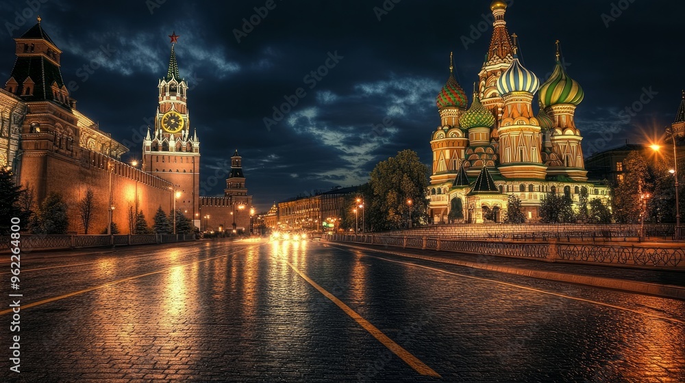 night view of Moscow, Red square and St. Basil cathedral night view of Moscow, Red square and St. Basil cathedral