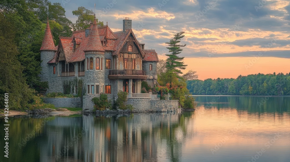 Stone castle on lakeside with sunset reflection. Stone castle on lakeside with sunset reflection.