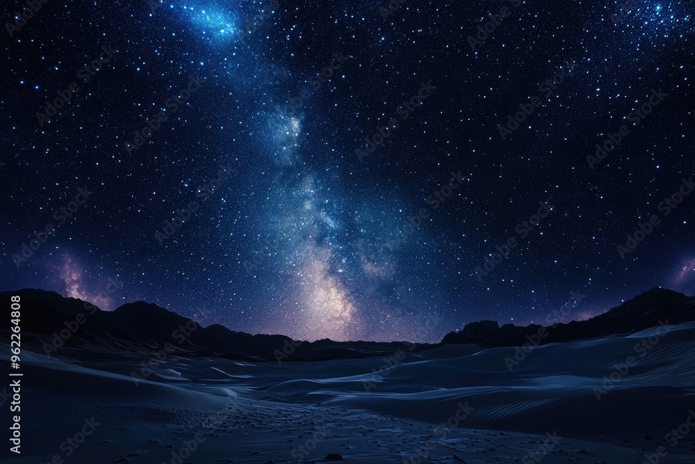 Fototapeta premium Starry night sky over a desert landscape.