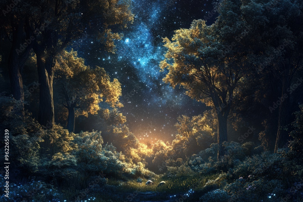 Starry night in a mysterious forest. Starry night in a mysterious forest.