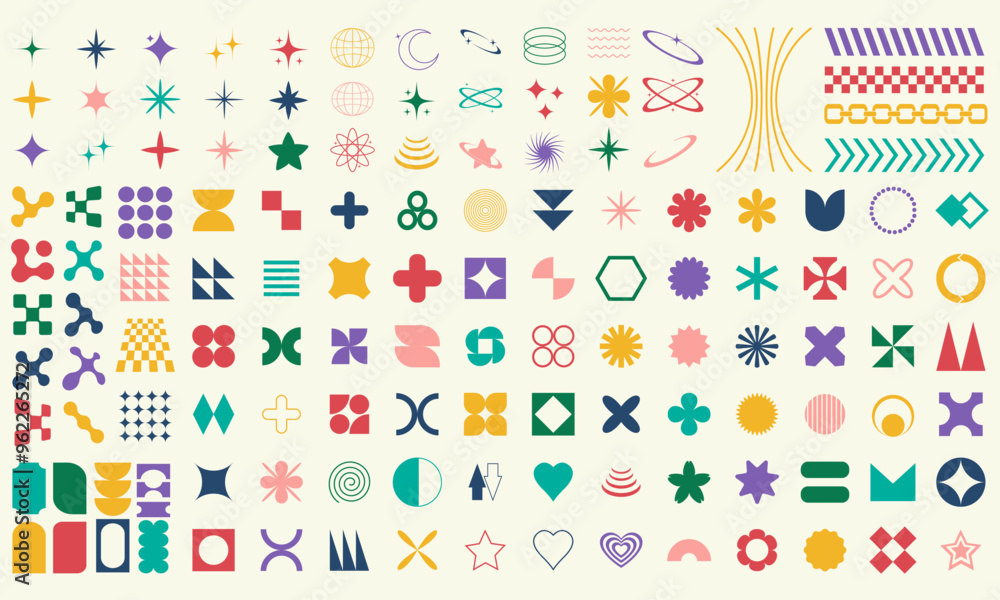 Big set of geometric elements for design. Trendy abstract minimalist figures, stars, flowers, circles. Vector illustration Big set of geometric elements for design. Trendy abstract minimalist figures, stars, flowers, circles. Vector illustration