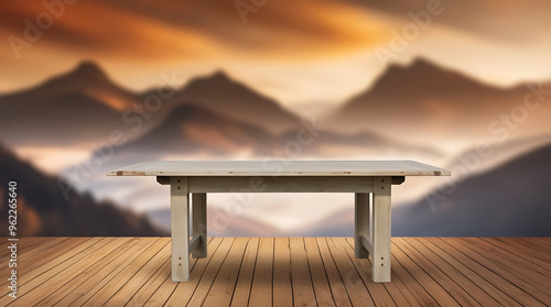 Wooden table on blur mountain morning or evening view landscape, Warm feeling in orange or brown tones.