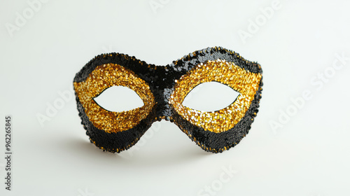 Elegant Black and Gold Sequined Masquerade Mask on White Background