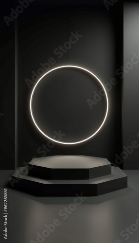 Realistic Black 3D Hexagon Podium Set With Neon Ring Background