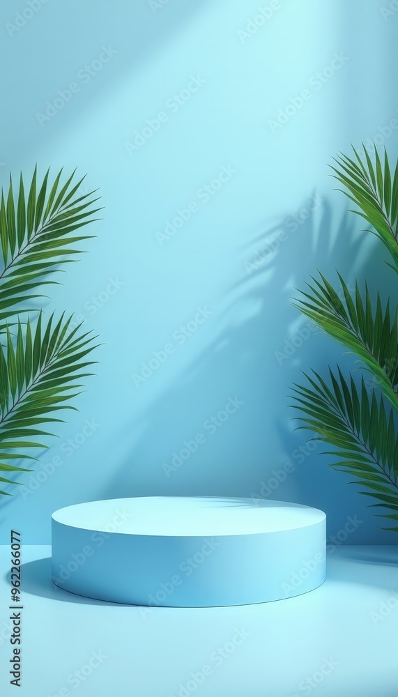 Realistic 3D Blue White Geometric Pedestal Podium Green Palm Leaf Blue Sky Background Abstract Minimal Scene Mockup Products Stage Showcase Promotion Display Vector Geometric Forms Realistic 3D Blue White Geometric Pedestal Podium Green Palm Leaf Blue Sky Background Abstract Minimal Scene Mockup Products Stage Showcase Promotion Display Vector Geometric Forms