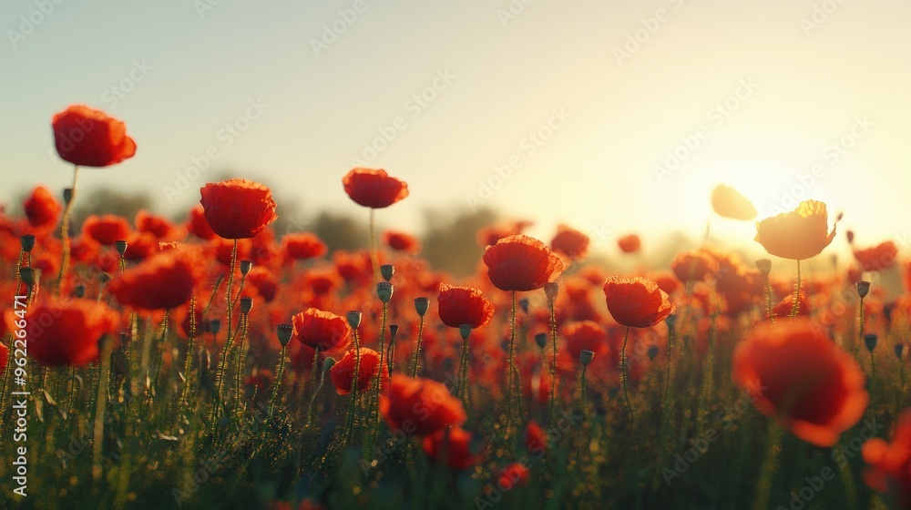 Obraz premium Detailed view of a poppy field with vibrant red flowers swaying in the wind, against a clear sky