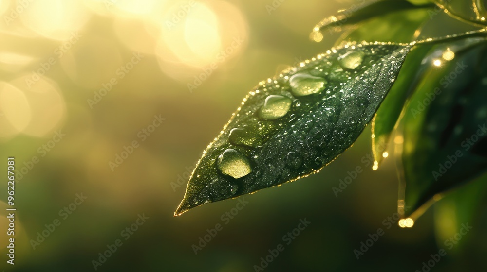 Detailed view of morning dew on a leaf, with droplets clinging to the edges and a soft, blurred background Detailed view of morning dew on a leaf, with droplets clinging to the edges and a soft, blurred background