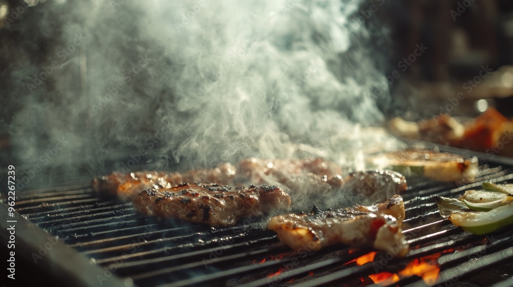 Detailed view of smoke emerging from a barbecue grill, with sizzling food and a smoky atmosphere Detailed view of smoke emerging from a barbecue grill, with sizzling food and a smoky atmosphere