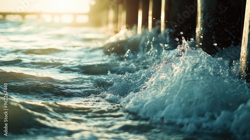 Wallpaper Mural Detailed view of waves gently lapping against a coastal pier, with sunlight glinting off the water Torontodigital.ca