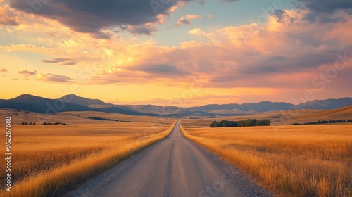 Wide shot of a picturesque road leading through a golden field at sunset, with dramatic sky colors and long shadows