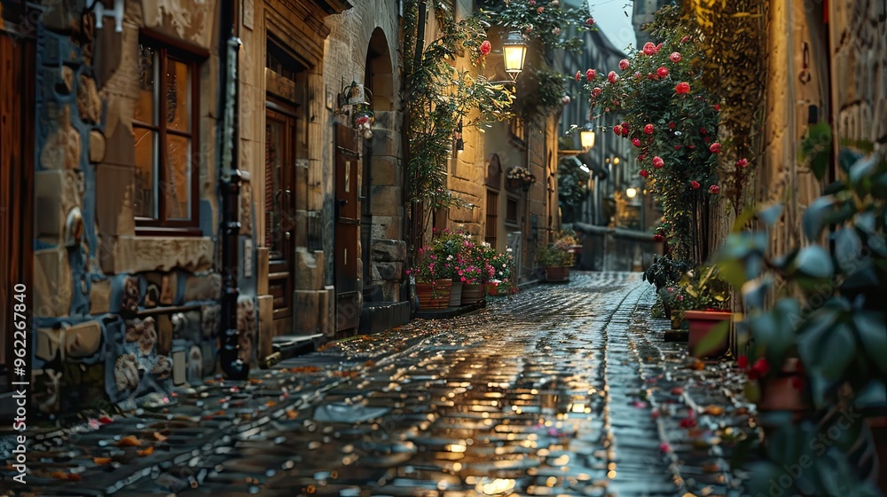 Fototapeta premium A narrow street with a cobblestone walkway and a row of potted plants