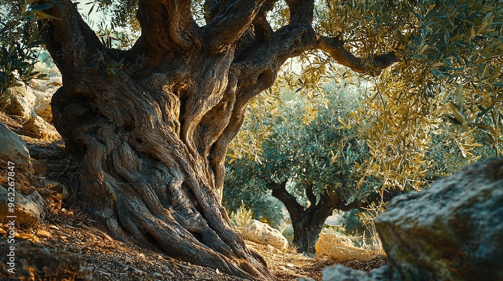 An ancient olive tree, surrounded by a sea of olive fruit-bearing limbs An ancient olive tree, surrounded by a sea of olive fruit-bearing limbs