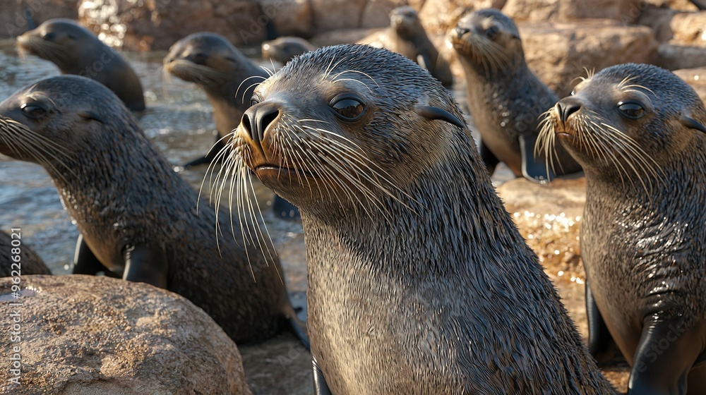 Fototapeta premium Sea lions huddled on a beach beside water