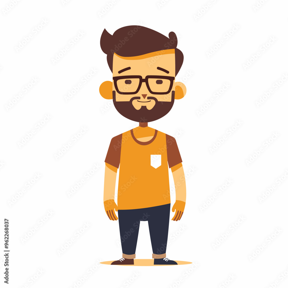 A man with glasses and a beard stands in front of a white background. He is wearing an orange shirt and blue jeans A man with glasses and a beard stands in front of a white background. He is wearing an orange shirt and blue jeans
