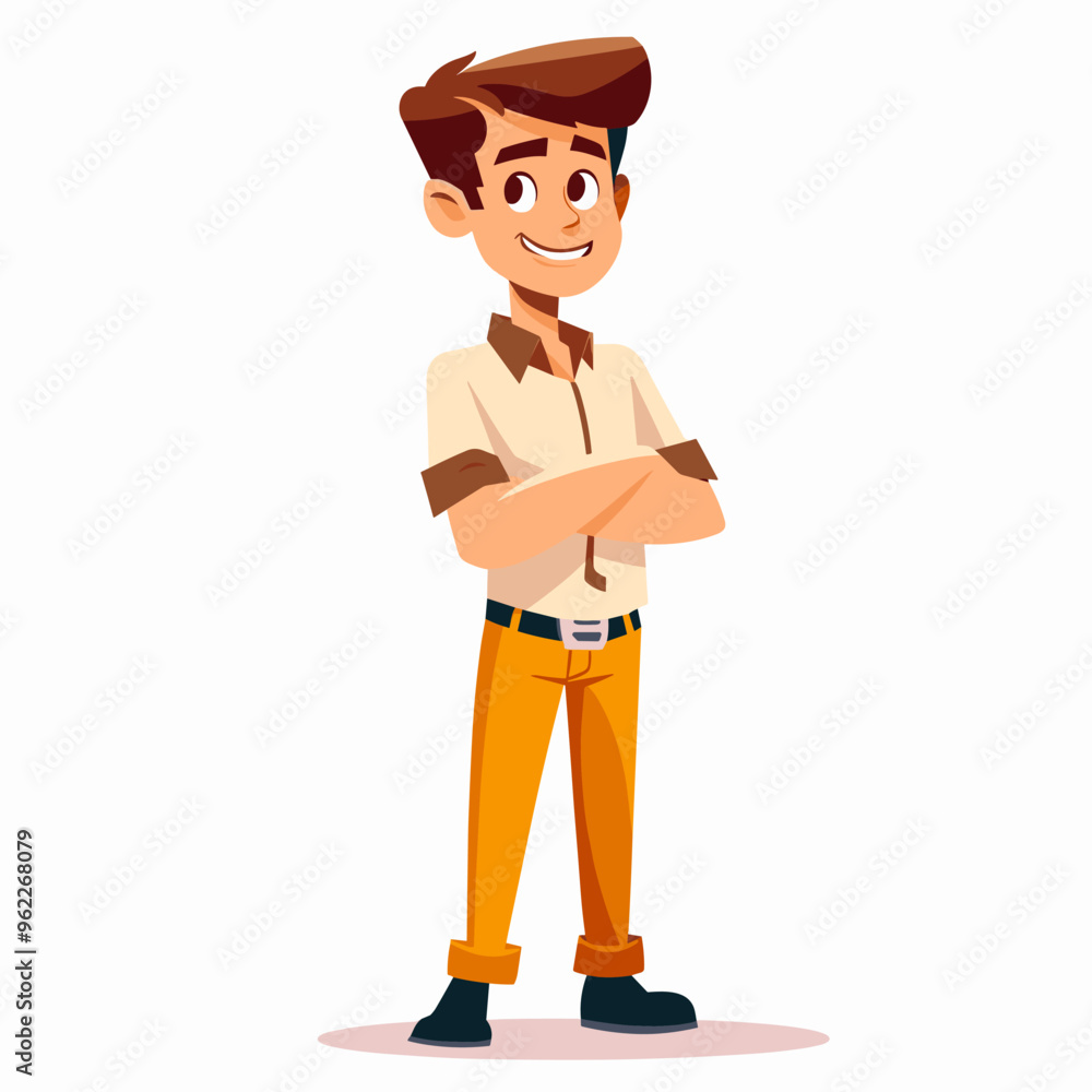 A man is standing with his arms crossed and smiling. He is wearing a white shirt and orange pants A man is standing with his arms crossed and smiling. He is wearing a white shirt and orange pants