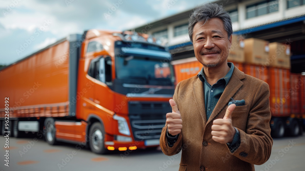 A middle-aged Asian male truck owner, in a suit, with a thumbs up, smiling, behind a warehouse with parked trucks, semi-trucks. Cargo transportation and logistics business. A middle-aged Asian male truck owner, in a suit, with a thumbs up, smiling, behind a warehouse with parked trucks, semi-trucks. Cargo transportation and logistics business.