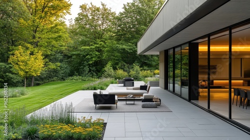 Wide view of a minimalist outdoor patio with modern furniture, clean lines, and a focus on open space and natural surroundings